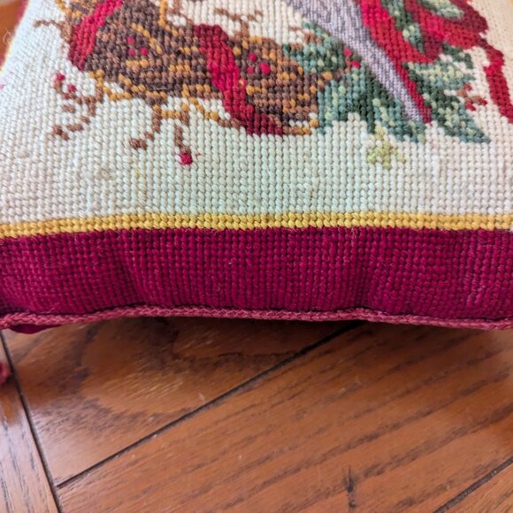 Embroidered Quail Pillow Red Square 12" Vintage 1991 Peking Handicraft Holiday - Picture 10 of 14